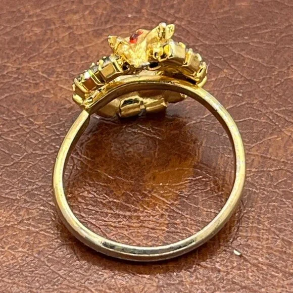 Vintage Gold Tone Christmas Wreath Ring Green Clear Rhinestones Adjustable Fit - Picture 6 of 8